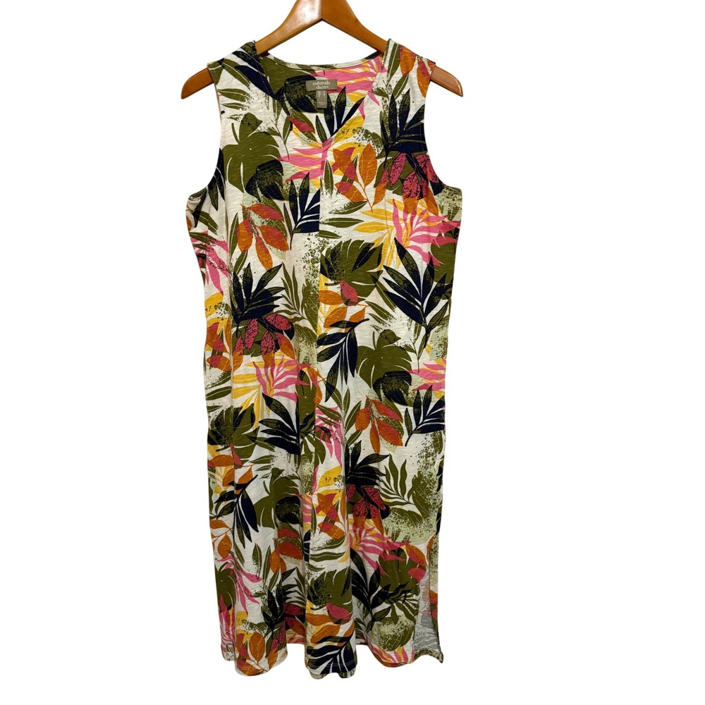 Naturals d&co. Women Midi Dress M Multicolor Tropical Leaf Linen Blend Coastal
